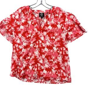 Bobeau Top‎ Sheer Red Short Sleeve Flowy Blouse Floral Print V-Neck Large